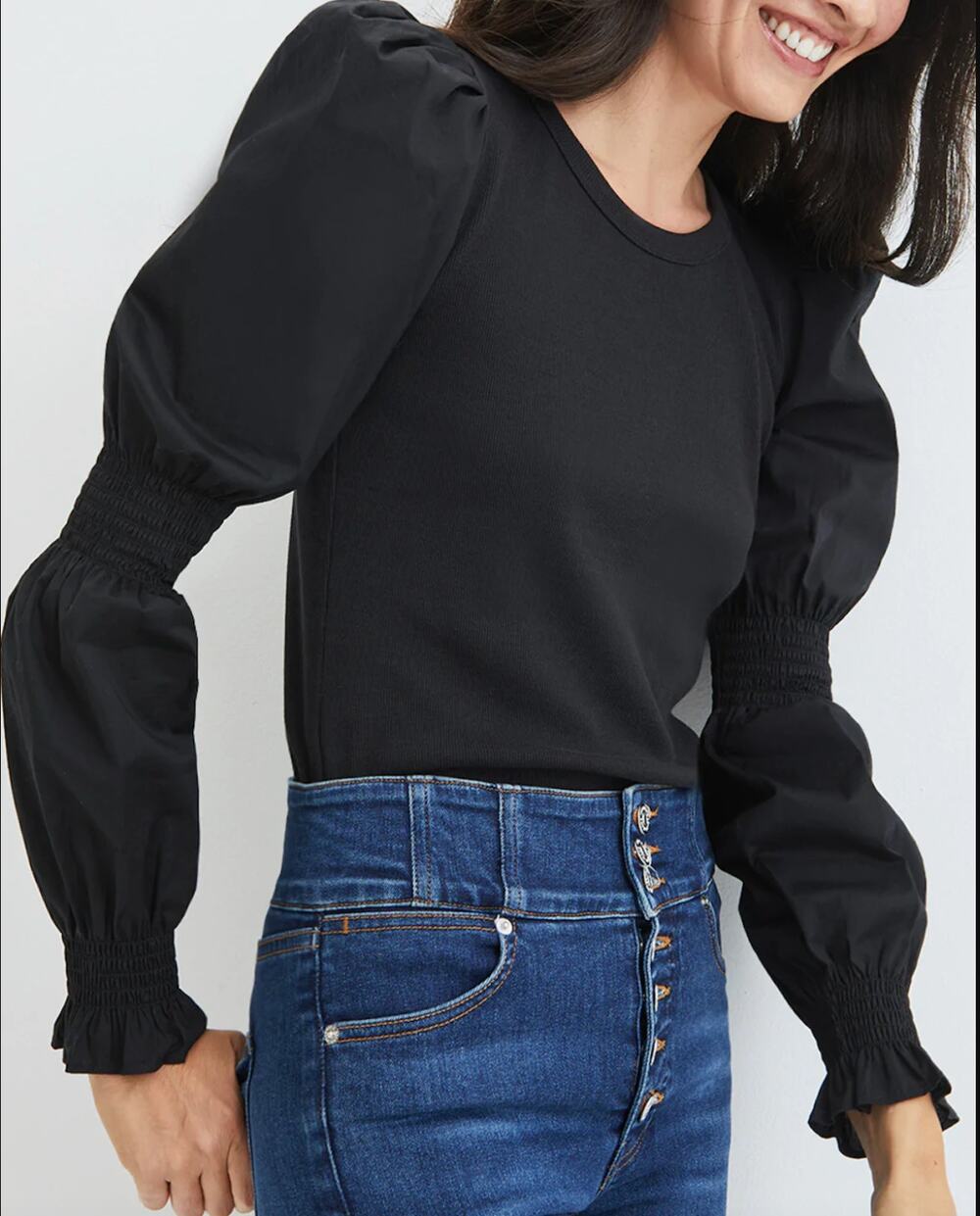 Veronica Beard Fawn V Neck Long Sleeve Puff Sleeve Top Black XS
